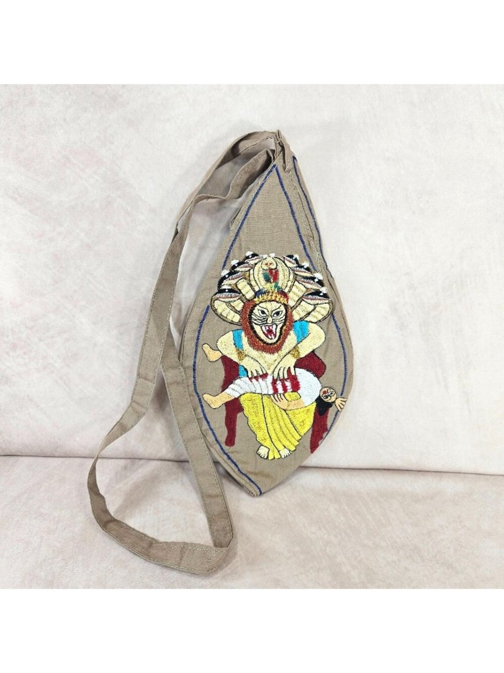 Sri Narasimha Dev Embroidered Japa Bead Bag Hindu Devotional Prayer Pouch Beige